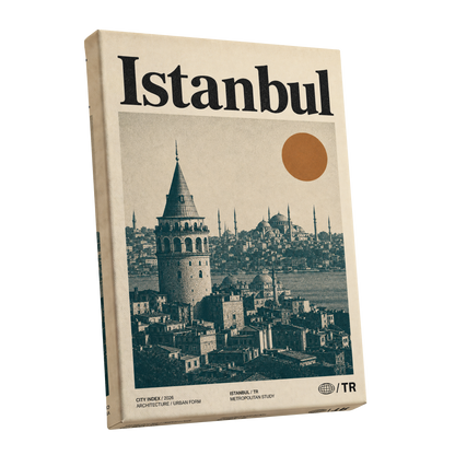 Istanbul in Ochre, green, beige, orange minimalist wall art shown as a stretched canvas wall art