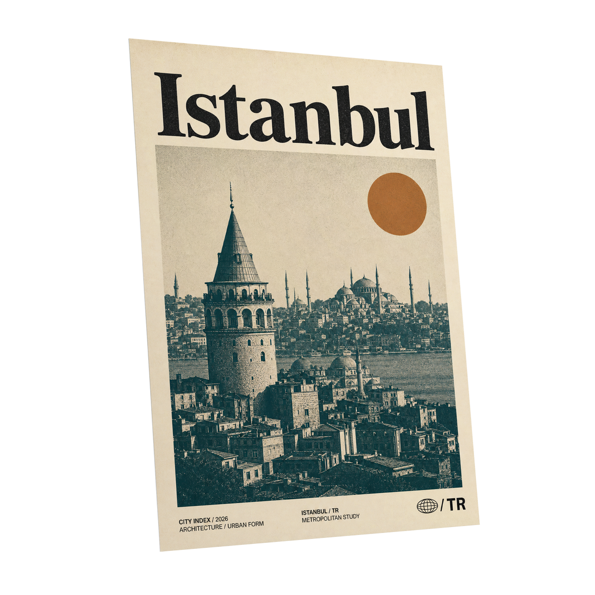 Istanbul in Ochre, green, beige, orange minimalist wall art shown as a unframed poster wall art print