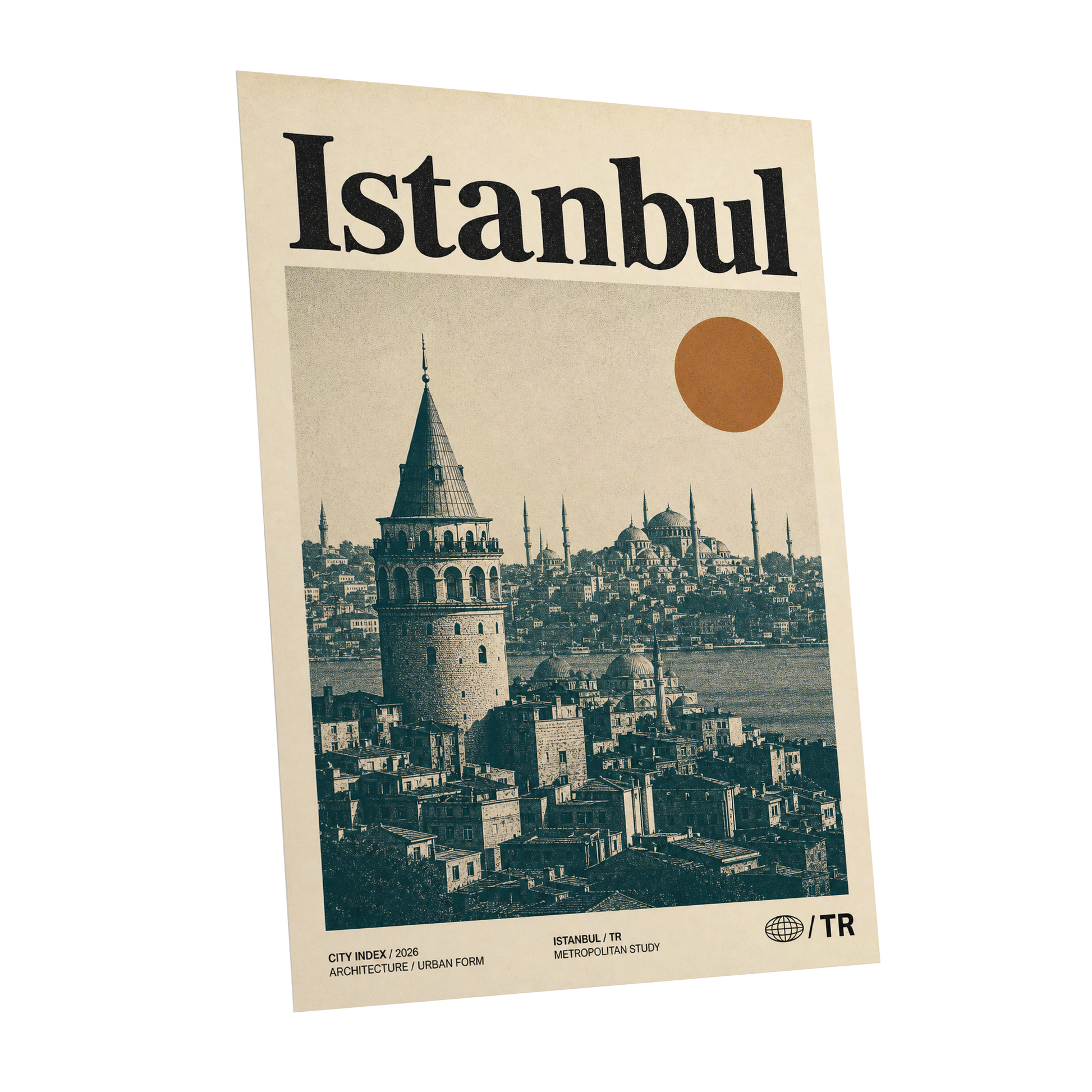 Istanbul in Ochre, green, beige, orange minimalist wall art shown as a unframed poster wall art print