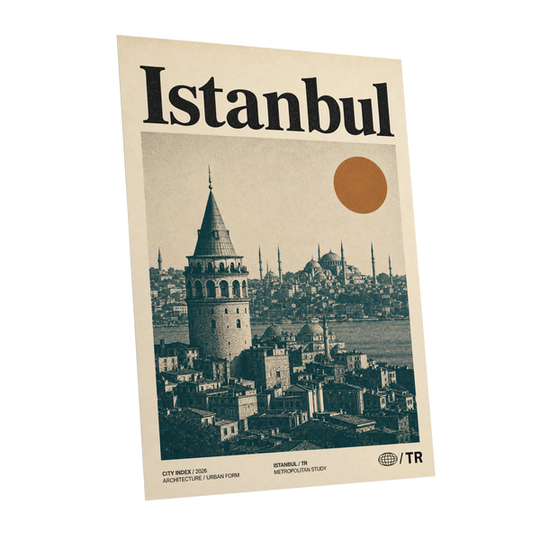 Istanbul in Ochre, green, beige, orange minimalist wall art shown as a unframed poster wall art print