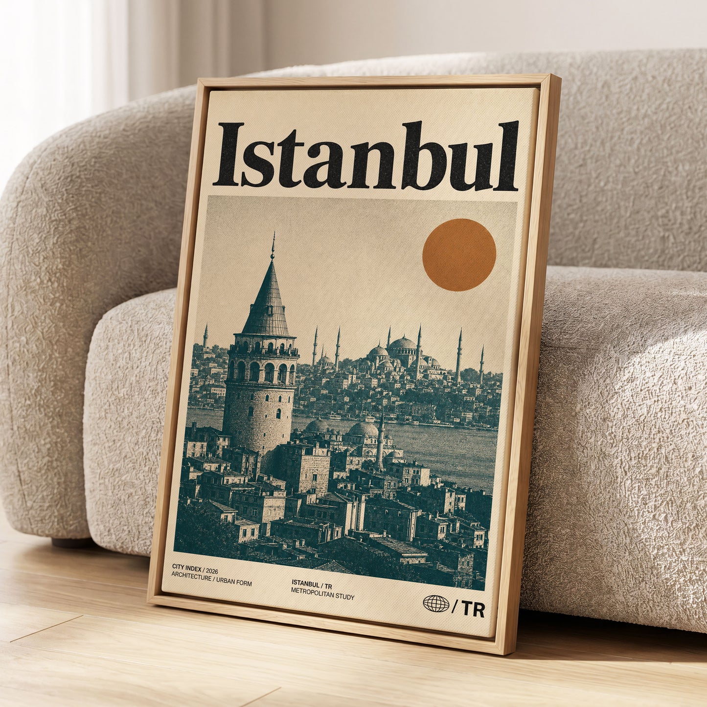 Istanbul in Ochre, green, beige, orange minimalist wall art displayed in a styled interior, gallery view 1