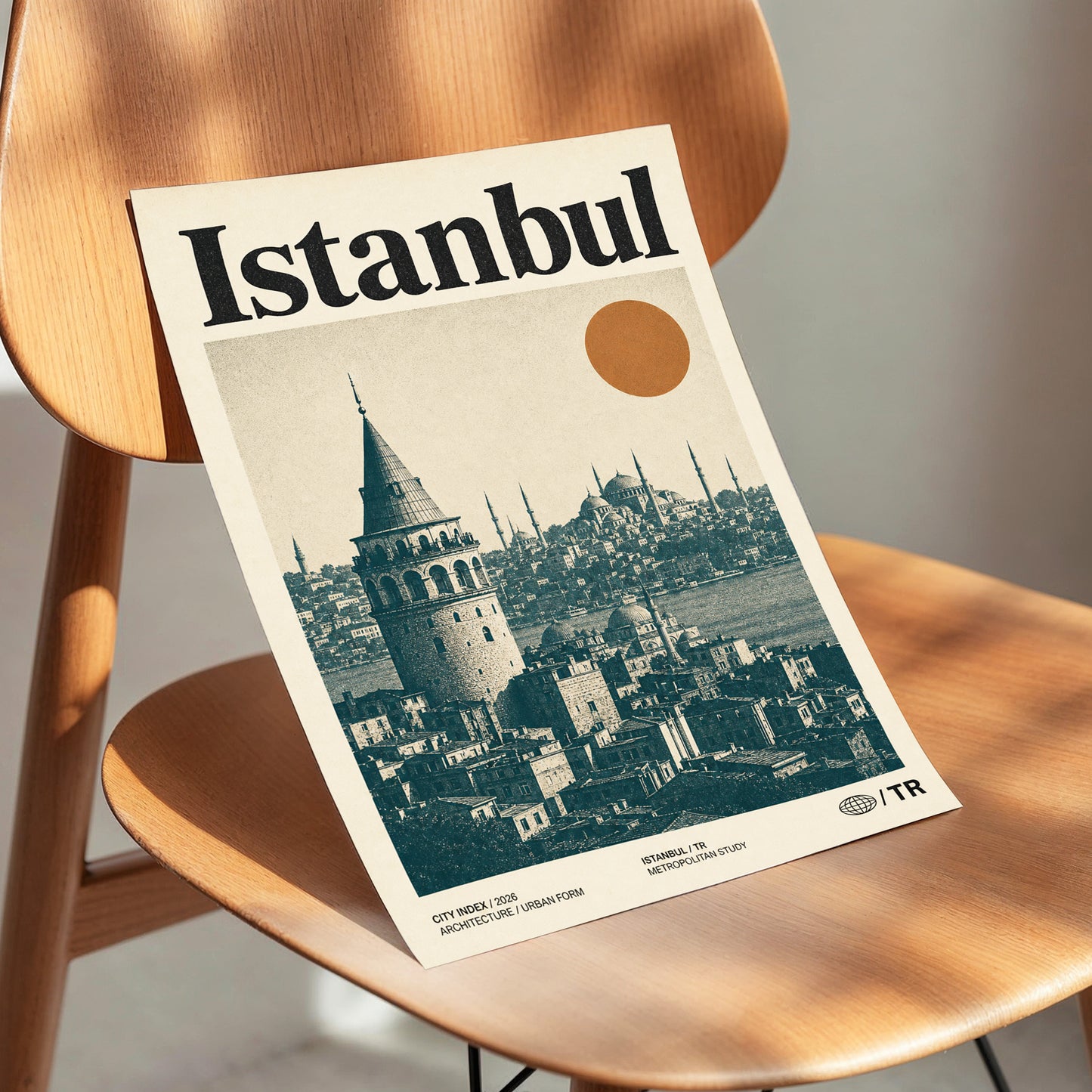 Istanbul in Ochre, green, beige, orange minimalist wall art displayed in a styled interior, gallery view 3