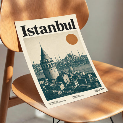 Istanbul in Ochre, green, beige, orange minimalist wall art displayed in a styled interior, gallery view 3