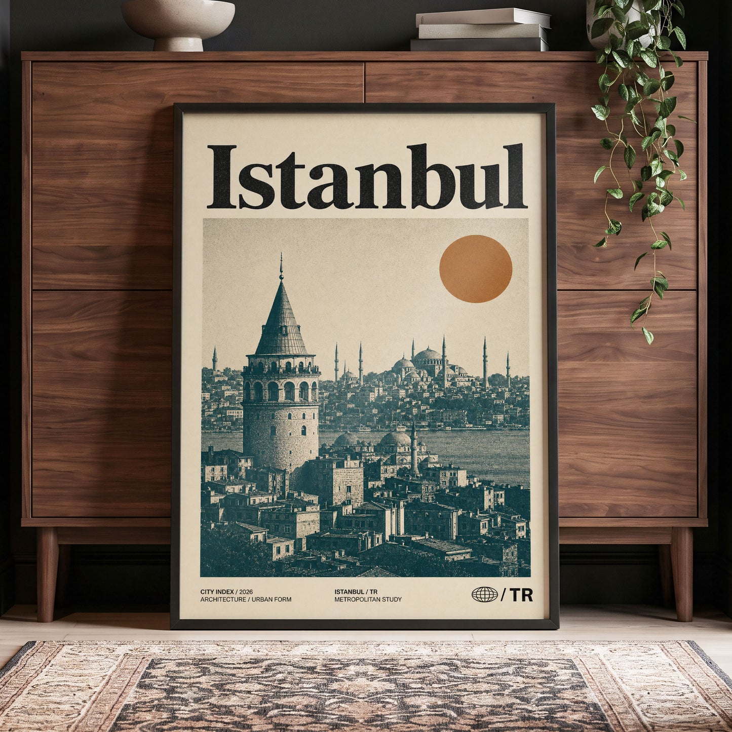 Istanbul in Ochre, green, beige, orange minimalist wall art displayed in a styled interior, gallery view 4