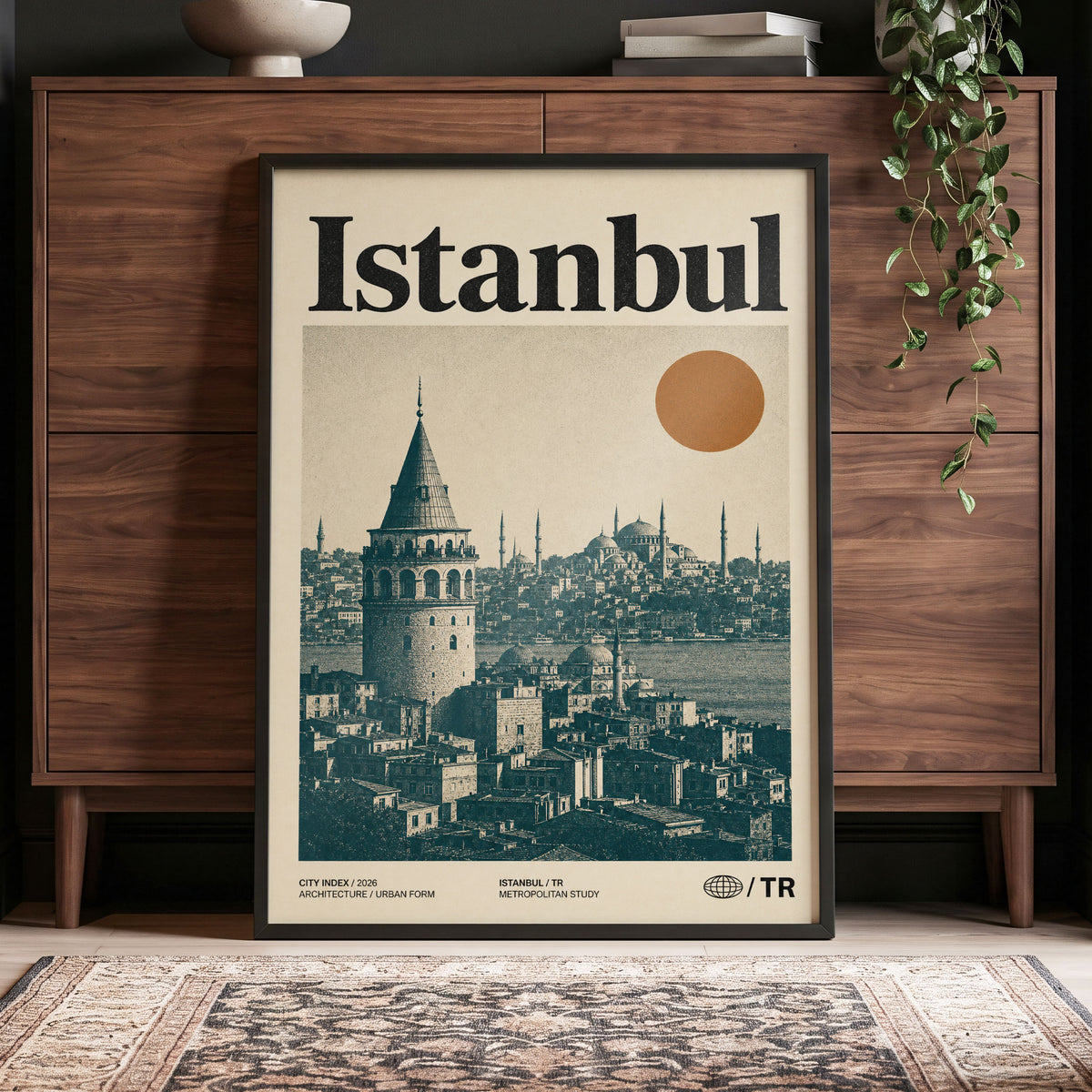 Istanbul in Ochre, green, beige, orange minimalist wall art displayed in a styled interior, gallery view 4