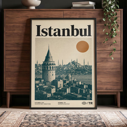 Istanbul in Ochre, green, beige, orange minimalist wall art displayed in a styled interior, gallery view 4