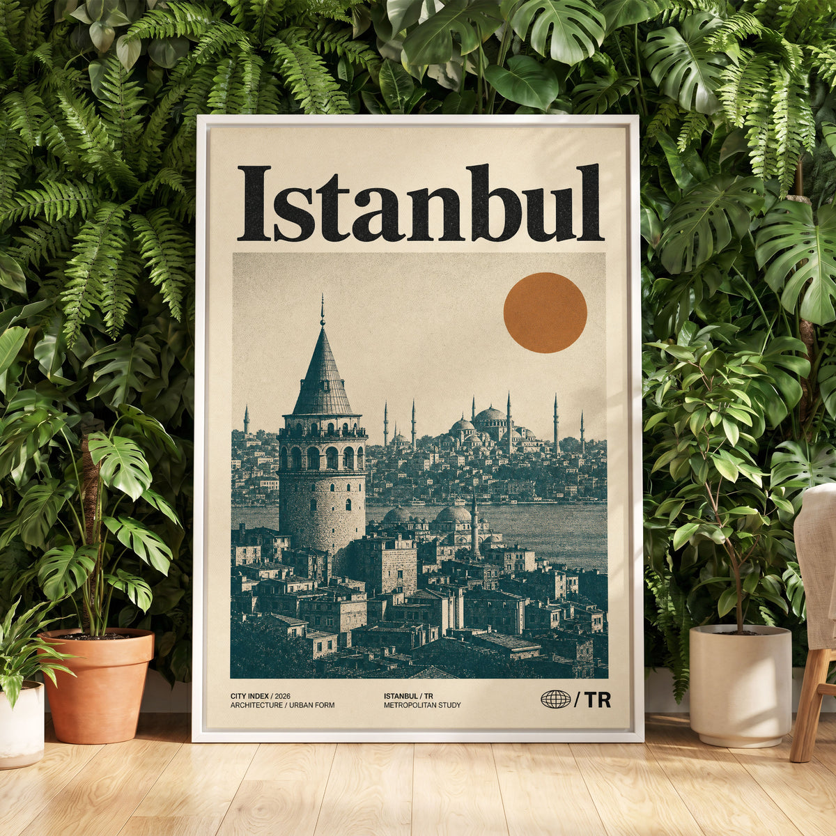 Istanbul in Ochre, green, beige, orange minimalist wall art displayed in a styled interior, gallery view 5