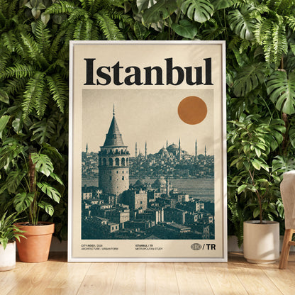 Istanbul in Ochre, green, beige, orange minimalist wall art displayed in a styled interior, gallery view 5