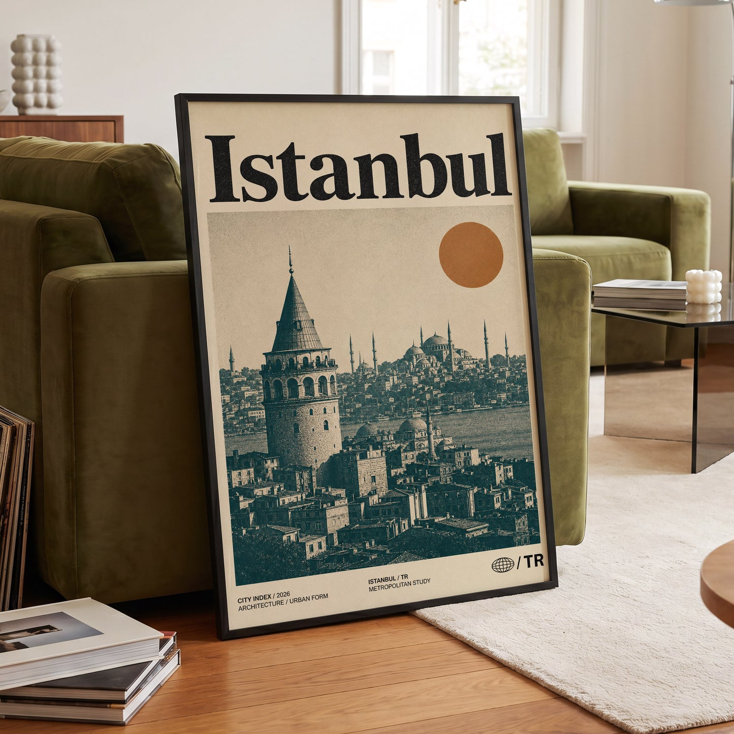 Istanbul in Ochre, green, beige, orange minimalist wall art displayed in a styled interior, gallery view 6