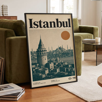 Istanbul in Ochre, green, beige, orange minimalist wall art displayed in a styled interior, gallery view 6