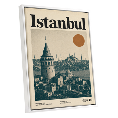 Istanbul in Ochre, green, beige, orange minimalist wall art shown as a white framed canvas wall art