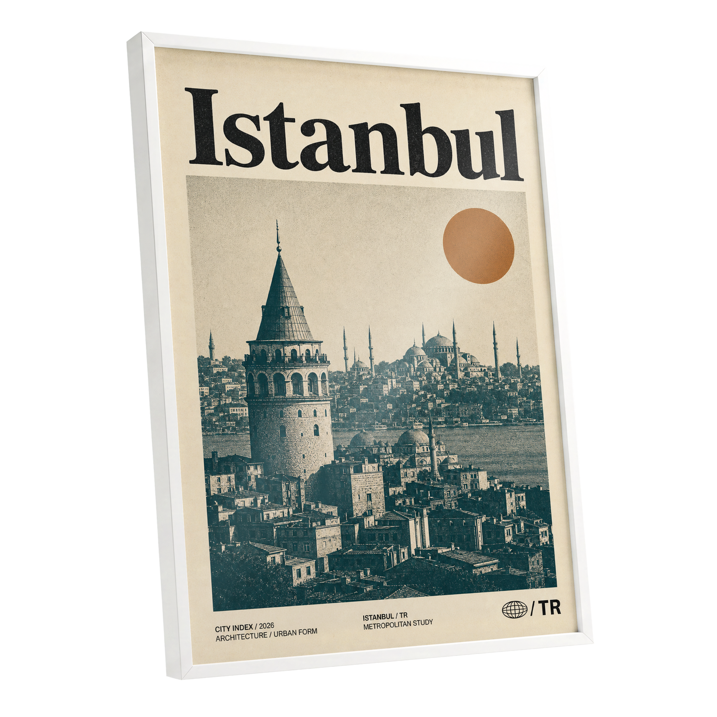 Istanbul in Ochre, green, beige, orange minimalist wall art shown as a white framed poster wall art print