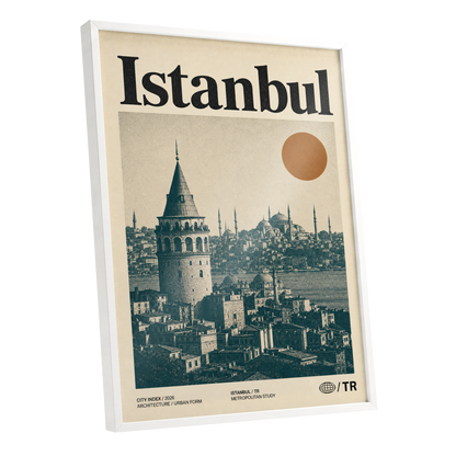 Istanbul in Ochre, green, beige, orange minimalist wall art shown as a white framed poster wall art print