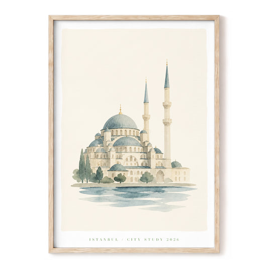 Istanbul in Quiet Blue, blue, beige, green minimalist wall art, front artwork view