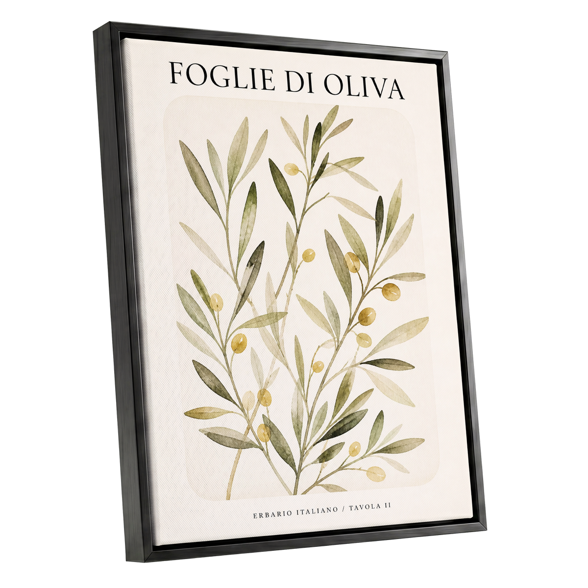 Italian Olive Study, green, beige, gold nature wall art shown as a black framed canvas wall art