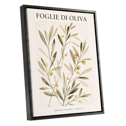 Italian Olive Study, green, beige, gold nature wall art shown as a black framed canvas wall art