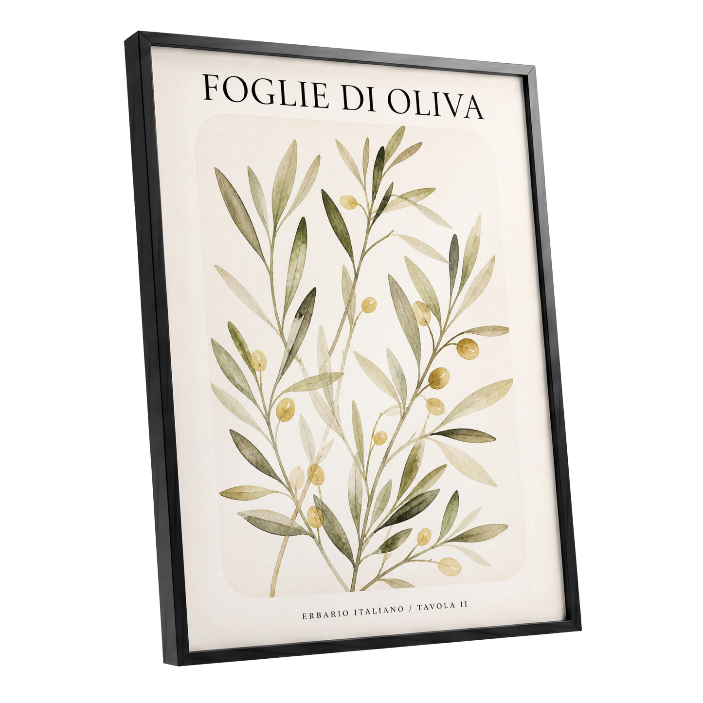 Italian Olive Study, green, beige, gold nature wall art shown as a black framed poster wall art print
