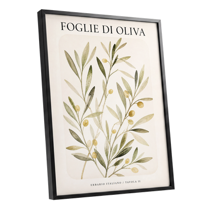 Italian Olive Study, green, beige, gold nature wall art shown as a black framed poster wall art print