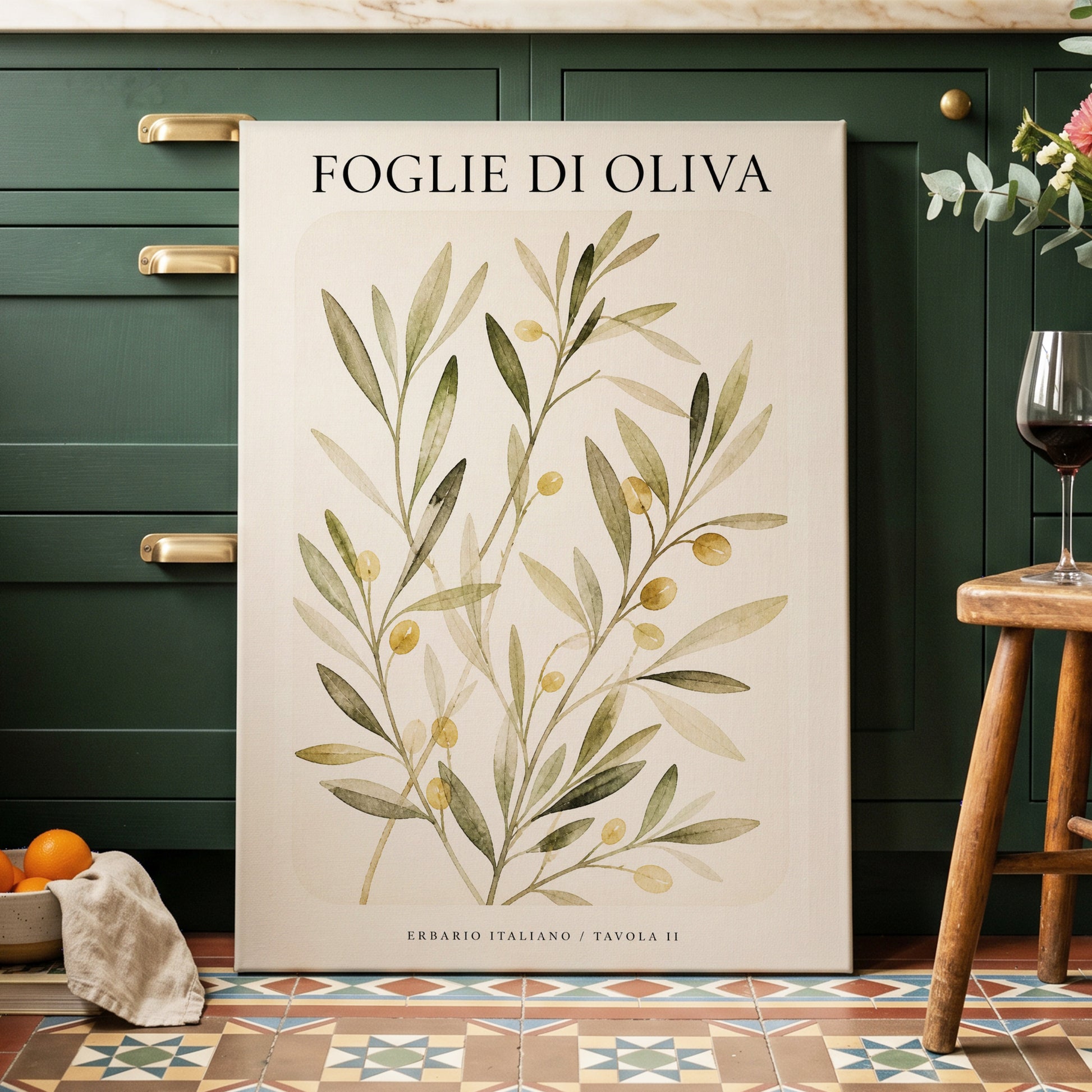 Italian Olive Study, green, beige, gold nature wall art on canvas displayed in a styled interior, gallery view 1