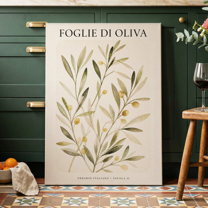 Italian Olive Study, green, beige, gold nature wall art on canvas displayed in a styled interior, gallery view 1