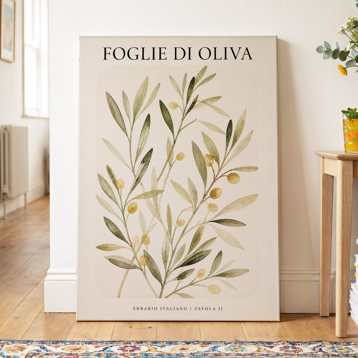 Italian Olive Study, green, beige, gold nature wall art on canvas displayed in a styled interior, gallery view 2