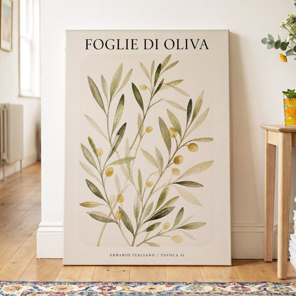 Italian Olive Study, green, beige, gold nature wall art on canvas displayed in a styled interior, gallery view 2