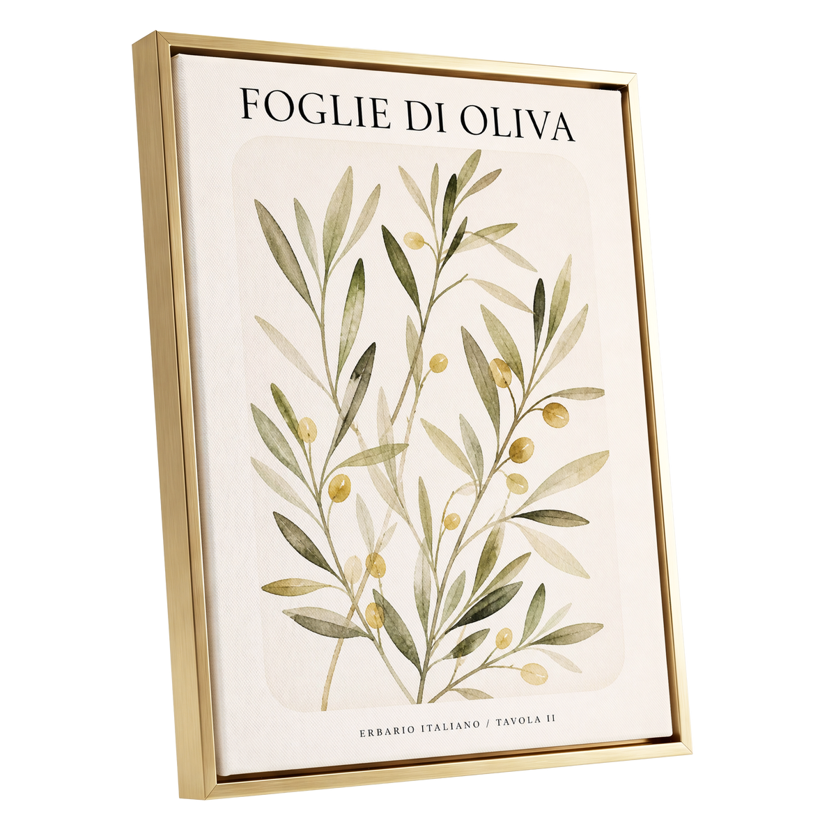 Italian Olive Study, green, beige, gold nature wall art shown as a gold framed canvas wall art