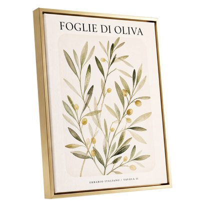 Italian Olive Study, green, beige, gold nature wall art shown as a gold framed canvas wall art