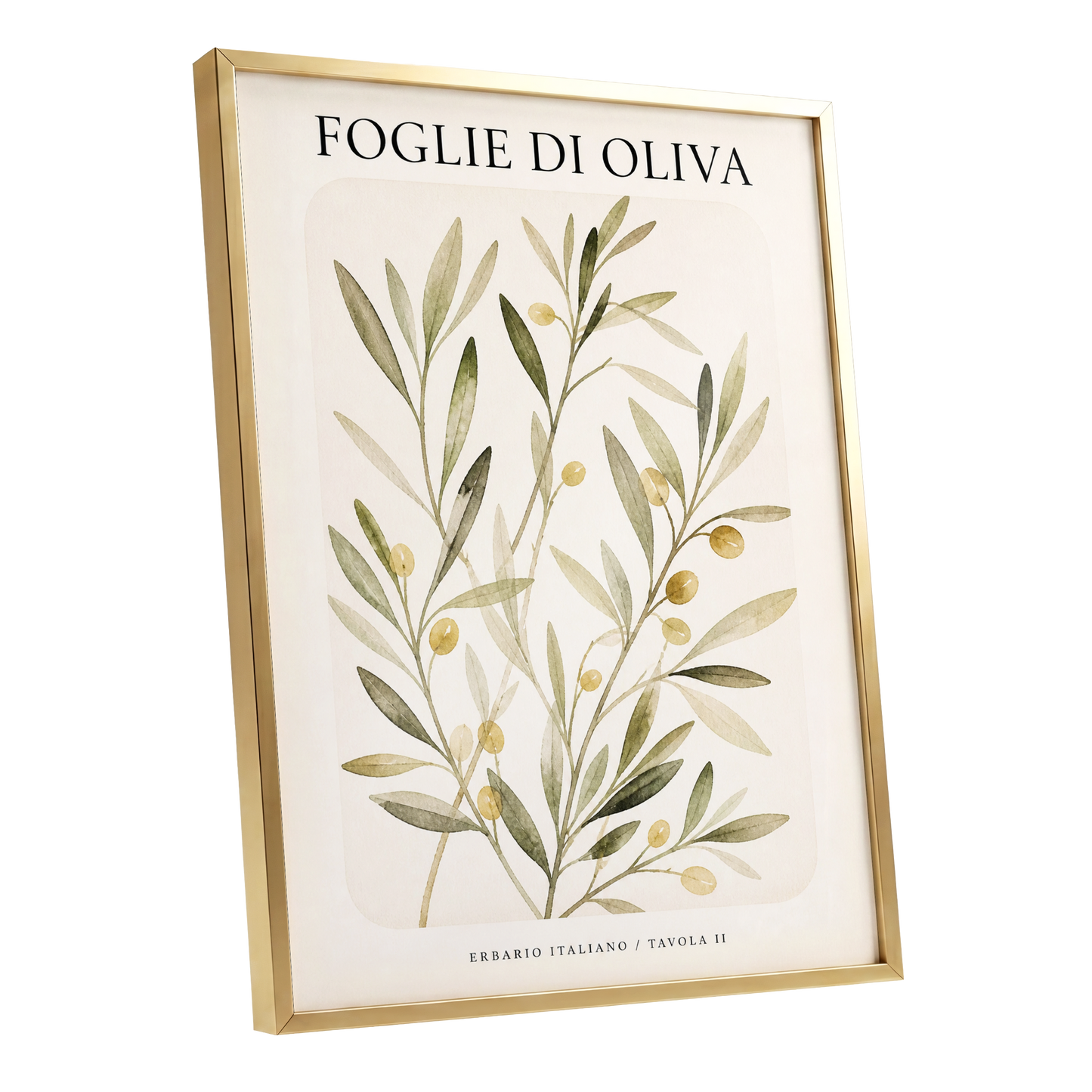 Italian Olive Study, green, beige, gold nature wall art shown as a gold framed poster wall art print