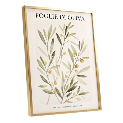 Italian Olive Study, green, beige, gold nature wall art shown as a gold framed poster wall art print
