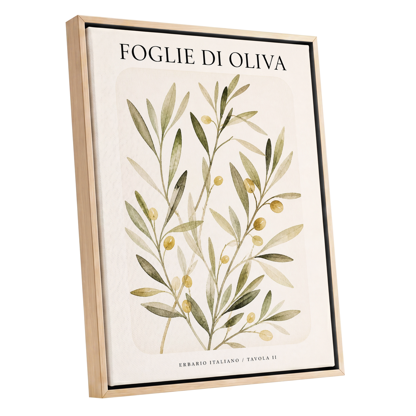 Italian Olive Study, green, beige, gold nature wall art shown as a oak framed canvas wall art