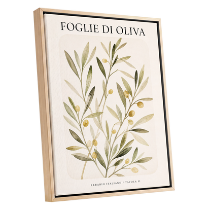Italian Olive Study, green, beige, gold nature wall art shown as a oak framed canvas wall art