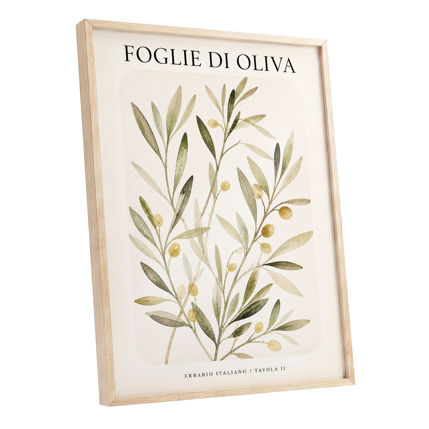Italian Olive Study, green, beige, gold nature wall art shown as a oak framed poster wall art print