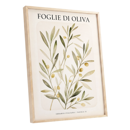 Italian Olive Study, green, beige, gold nature wall art shown as a oak framed poster wall art print