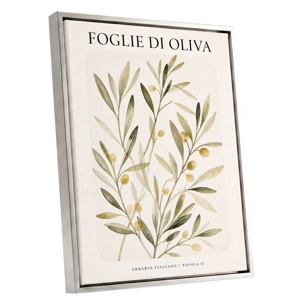 Italian Olive Study, green, beige, gold nature wall art shown as a silver framed canvas wall art
