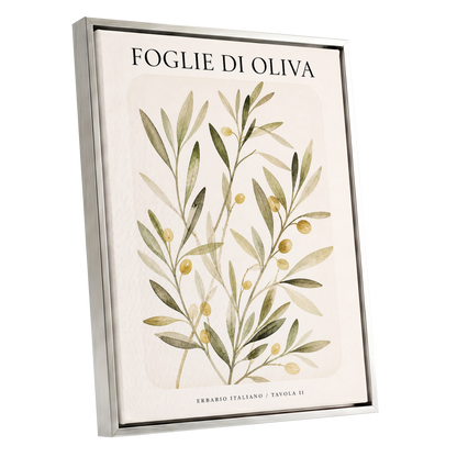Italian Olive Study, green, beige, gold nature wall art shown as a silver framed canvas wall art