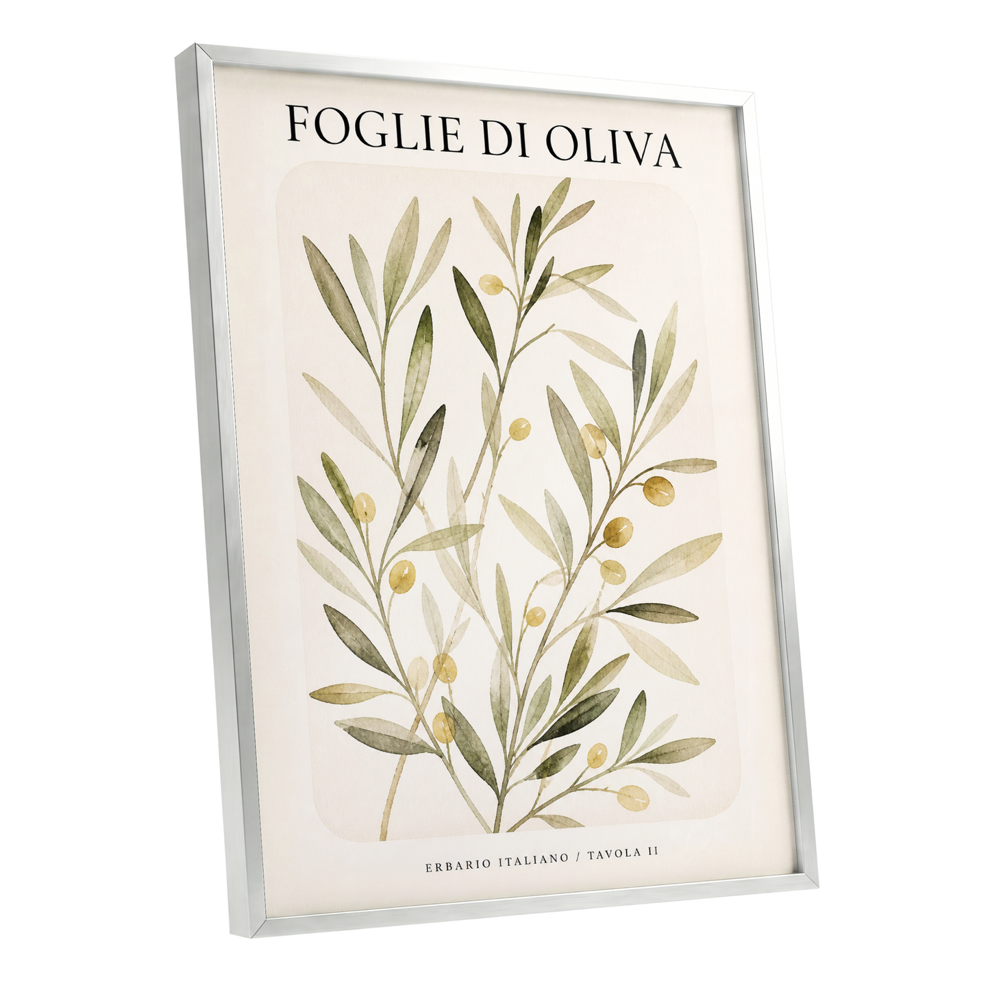 Italian Olive Study, green, beige, gold nature wall art shown as a silver framed poster wall art print