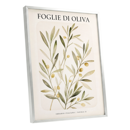 Italian Olive Study, green, beige, gold nature wall art shown as a silver framed poster wall art print
