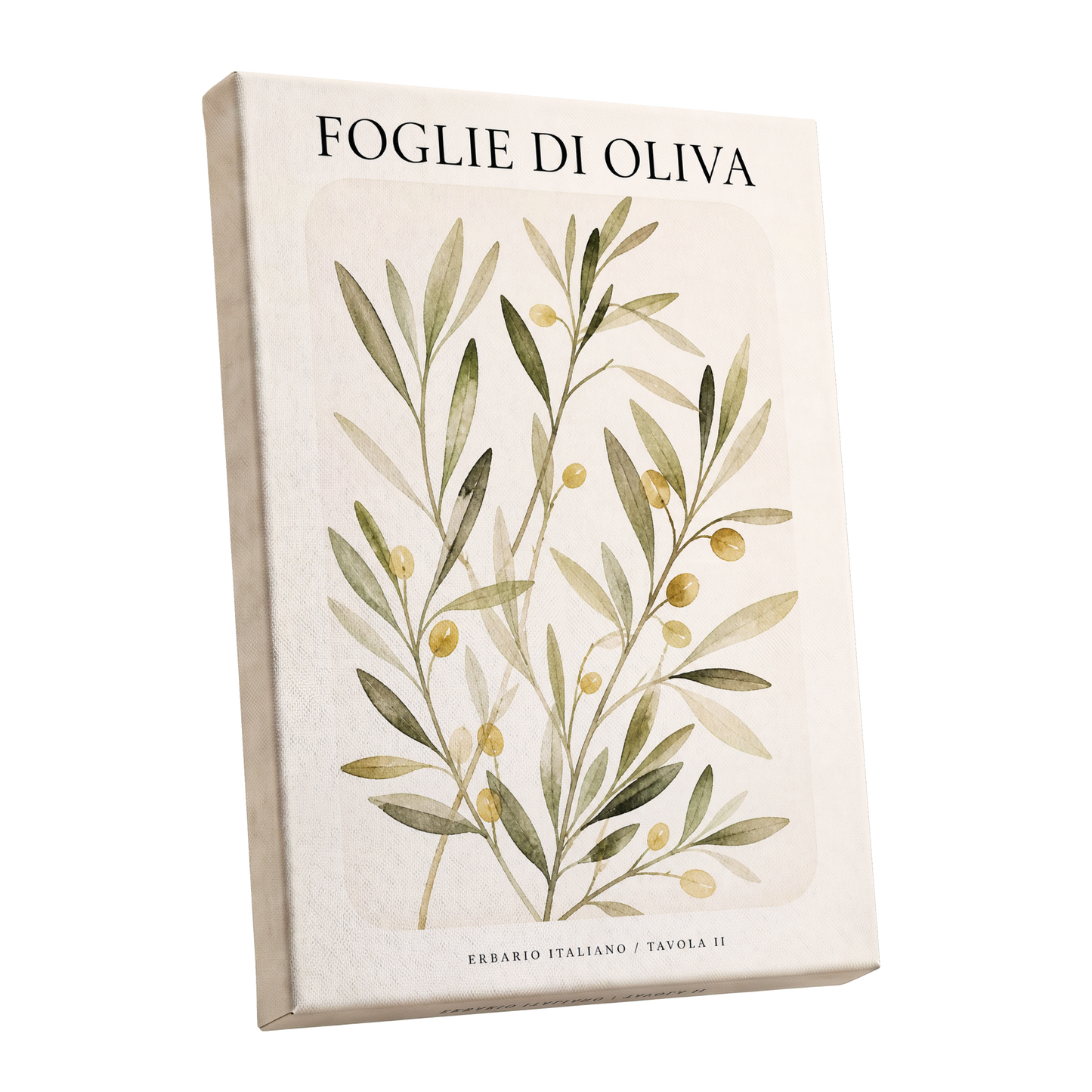 Italian Olive Study, green, beige, gold nature wall art shown as a stretched canvas wall art