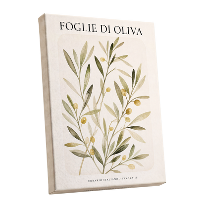 Italian Olive Study, green, beige, gold nature wall art shown as a stretched canvas wall art