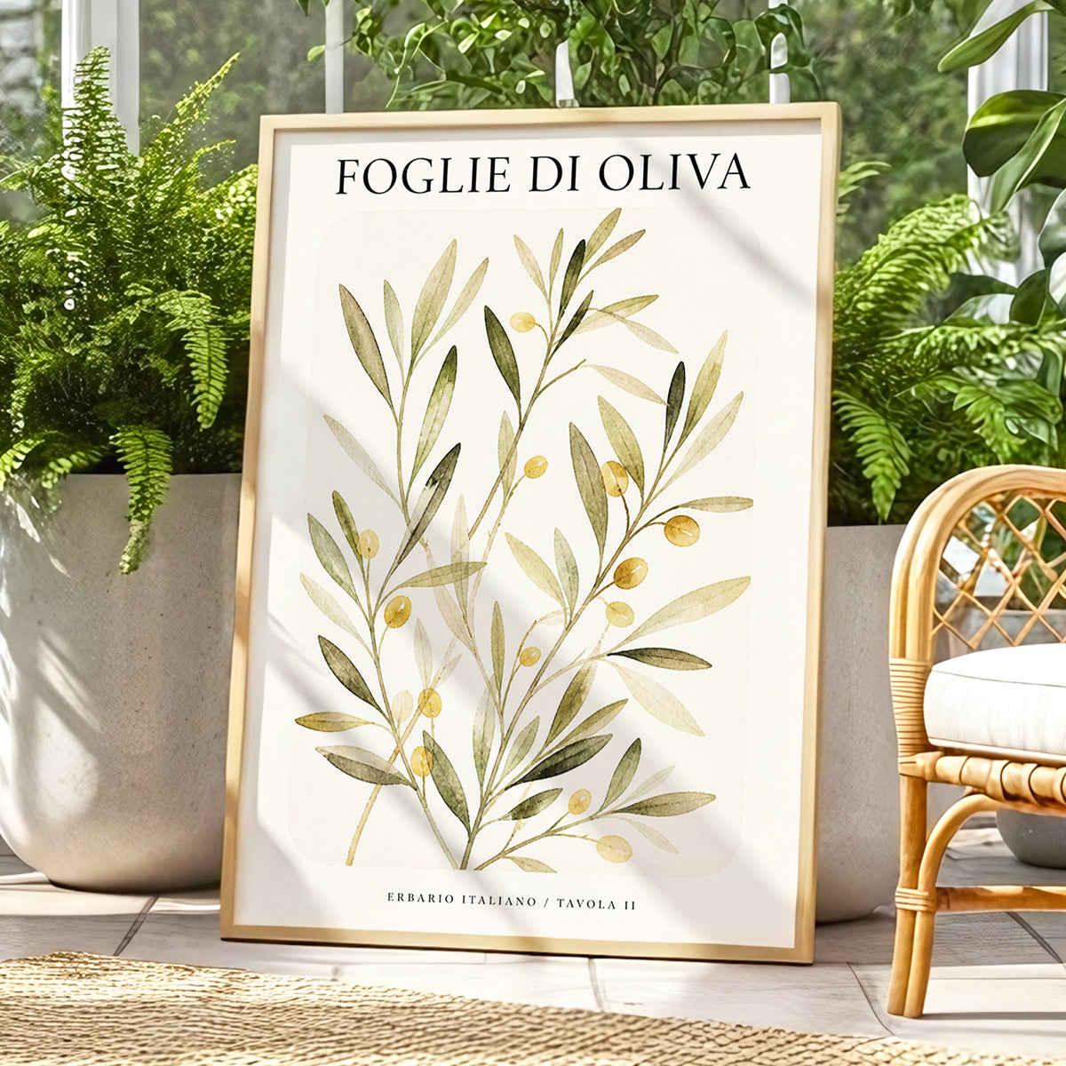 Italian Olive Study, green, beige, gold nature wall art displayed in a styled interior, gallery view 1