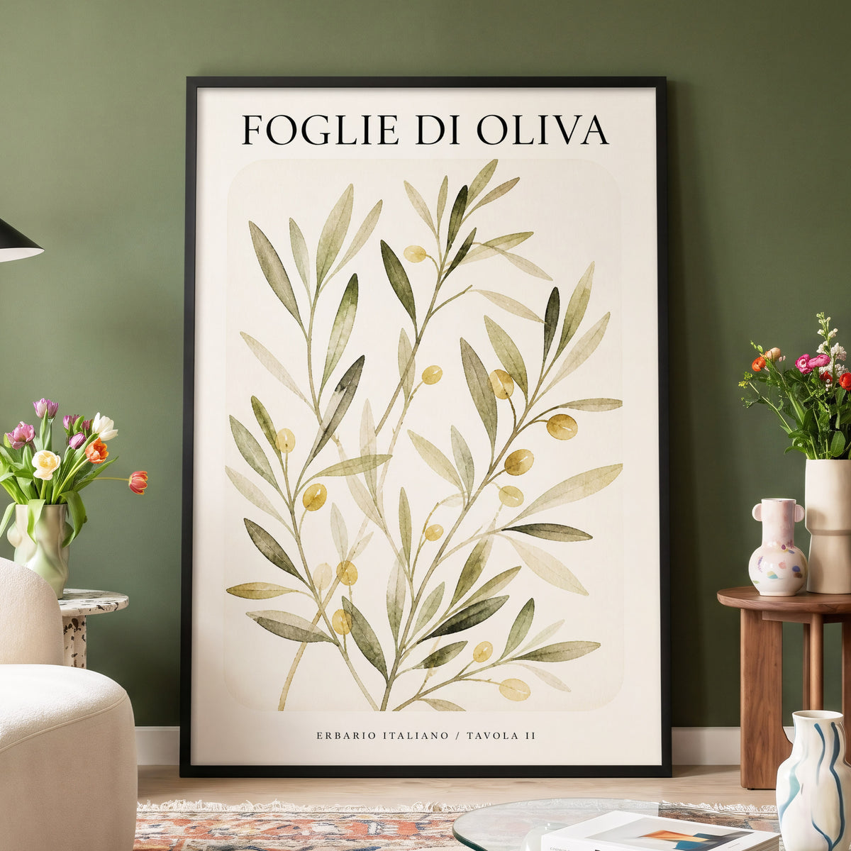 Italian Olive Study, green, beige, gold nature wall art displayed in a styled interior, gallery view 4