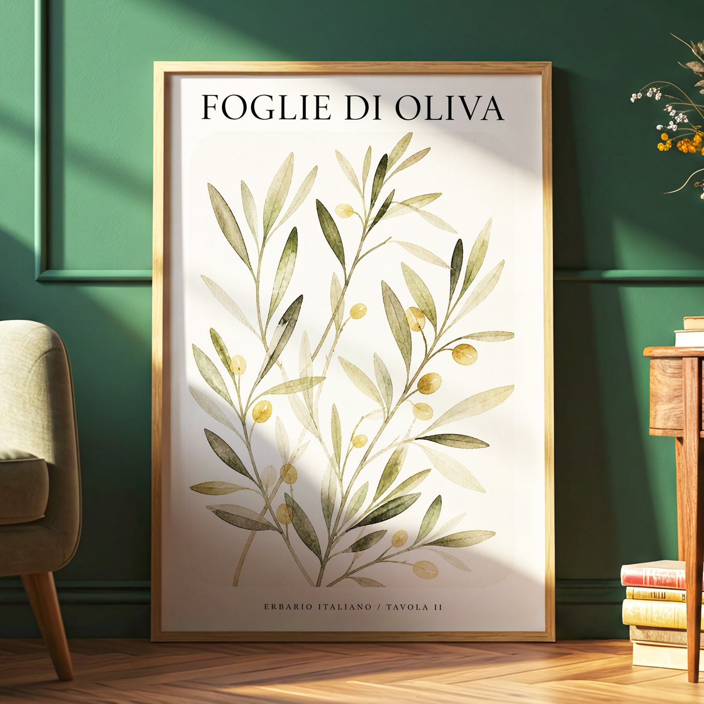 Italian Olive Study, green, beige, gold nature wall art displayed in a styled interior, gallery view 6
