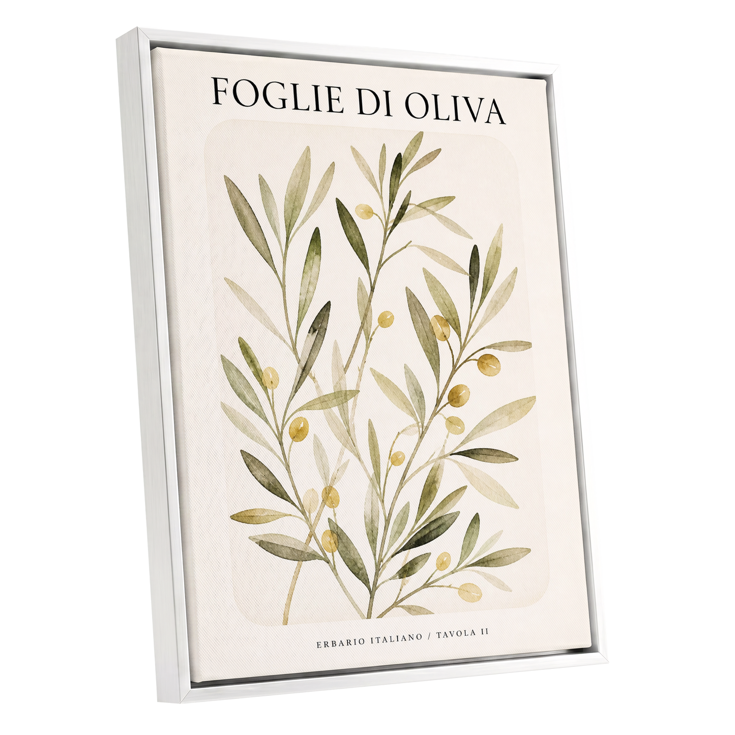 Italian Olive Study, green, beige, gold nature wall art shown as a white framed canvas wall art