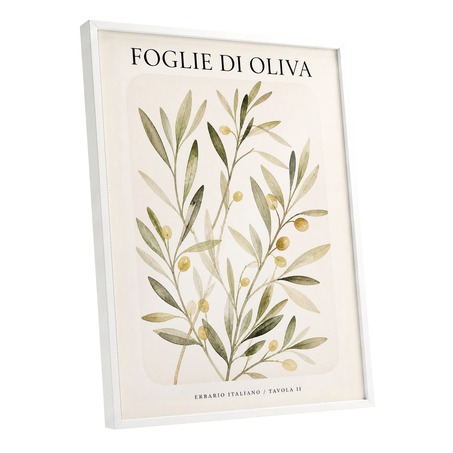 Italian Olive Study, green, beige, gold nature wall art shown as a white framed poster wall art print