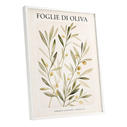 Italian Olive Study, green, beige, gold nature wall art shown as a white framed poster wall art print
