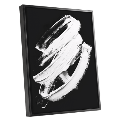 Ivory Ascending, black, white, gray abstract wall art shown as a black framed canvas wall art