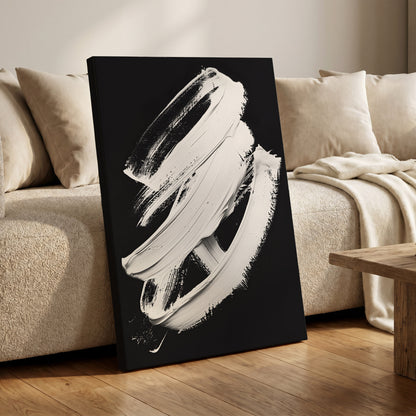 Ivory Ascending, black, white, gray abstract wall art on canvas displayed in a styled interior, gallery view 1