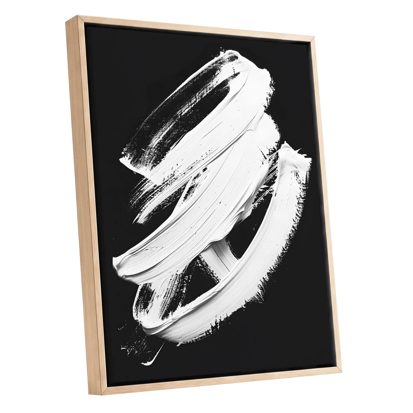 Ivory Ascending, black, white, gray abstract wall art shown as a oak framed canvas wall art