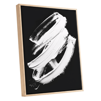 Ivory Ascending, black, white, gray abstract wall art shown as a oak framed canvas wall art